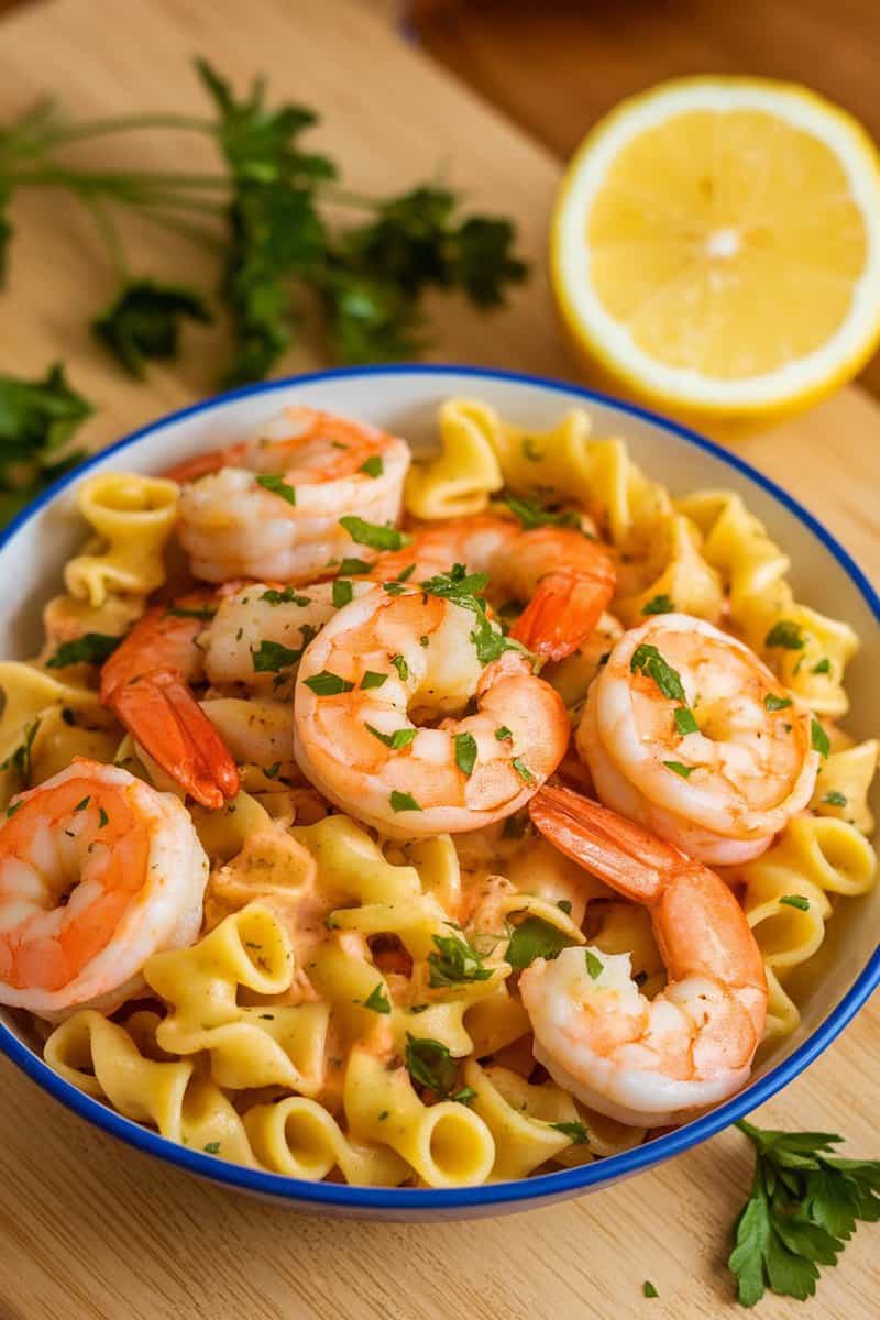 A bowl of lemon garlic shrimp pasta garnished with parsley and lemon slices.