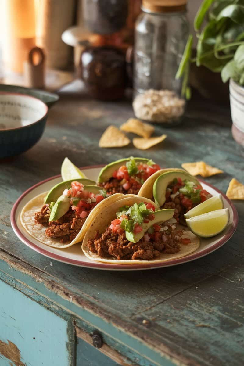 Three beef tacos topped with diced tomatoes and avocado on a plate, accompanied by lime wedges.