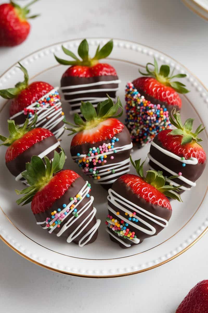 Plate of chocolate dipped strawberries with colorful sprinkles.