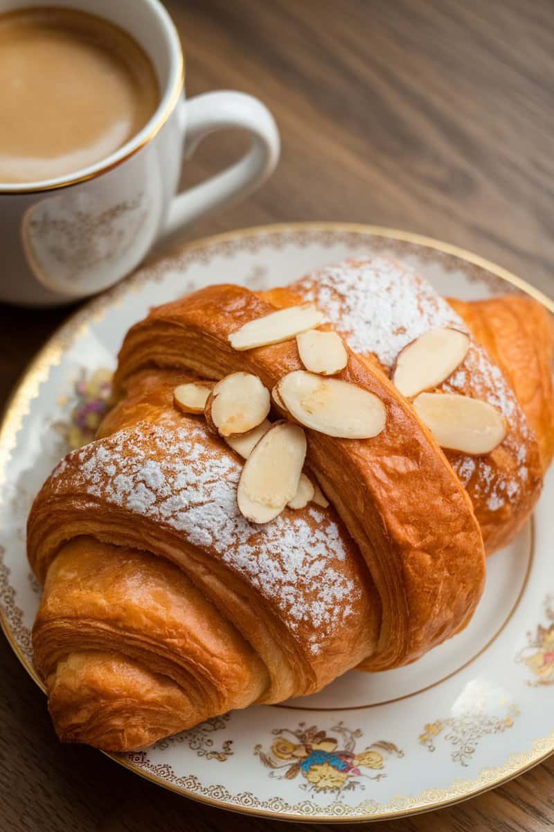 Delicious almond croissants with powdered sugar and slivered almonds on a decorative plate.