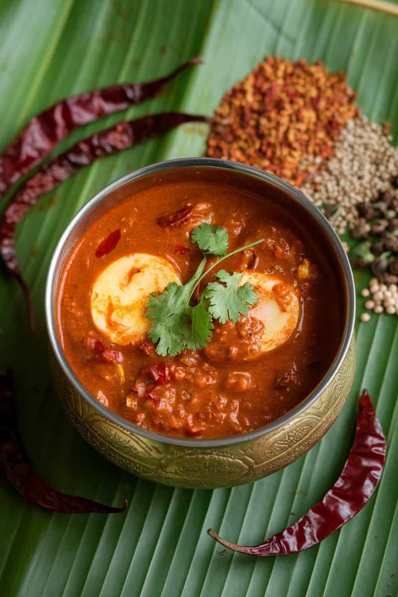 A bowl of Andhra Egg Curry with boiled eggs in rich gravy, garnished with coriander, surrounded by spices and chili peppers.