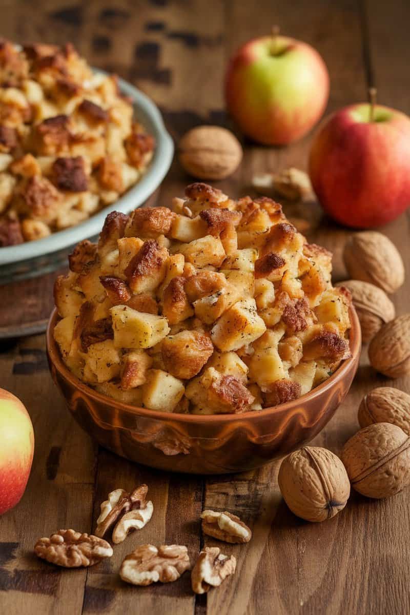 Bowl of Apple and Walnut Stuffing with apples and walnuts around it