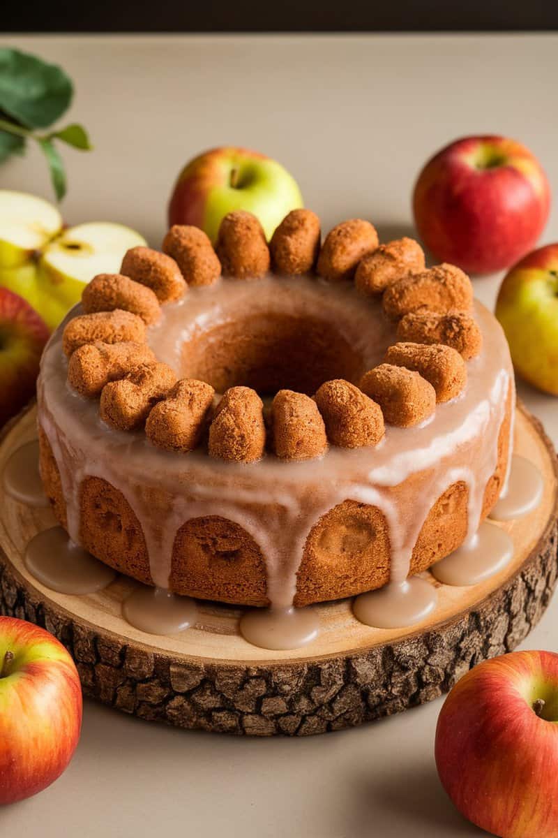 Delicious apple cider donut cake with a glaze, surrounded by fresh apples.