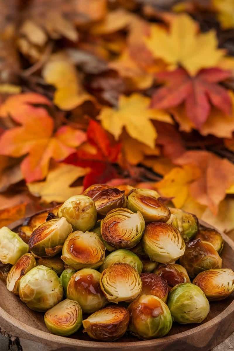 Roasted Brussels sprouts on a wooden plate with colorful autumn leaves in the background.