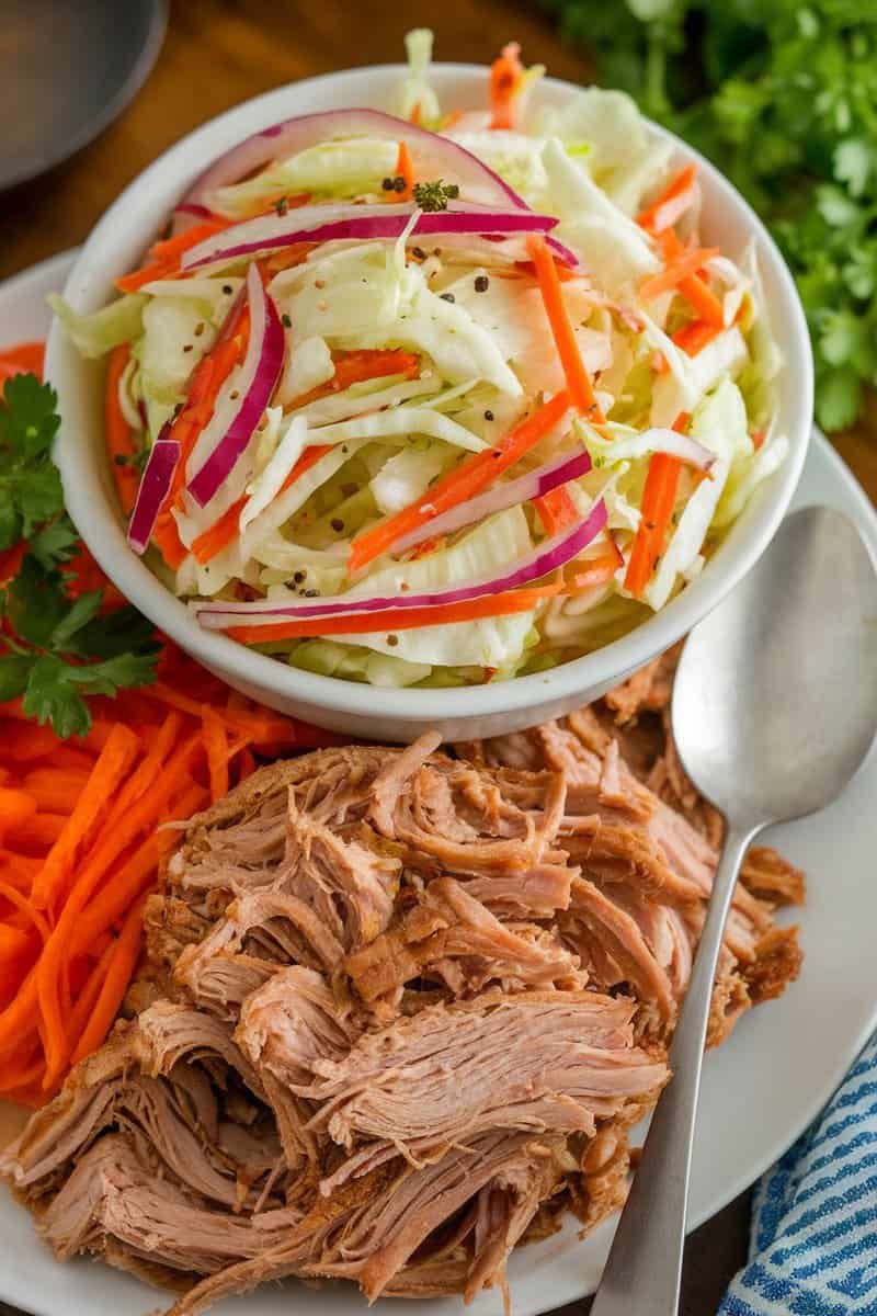 Bowl of apple cider vinegar coleslaw with pulled pork on the side