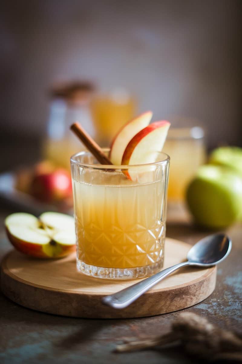 A glass of apple cider vinegar detox drink garnished with apple slices and cinnamon sticks.