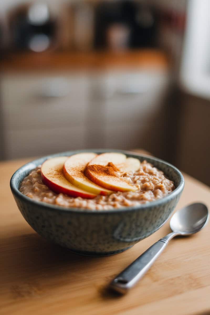 Bowl of apple cinnamon oatmeal topped with slices of red apple and cinnamon.