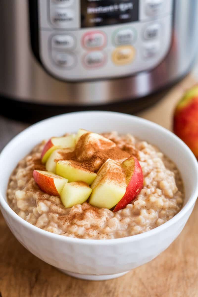 A bowl of apple cinnamon oatmeal with fresh apple slices on top.