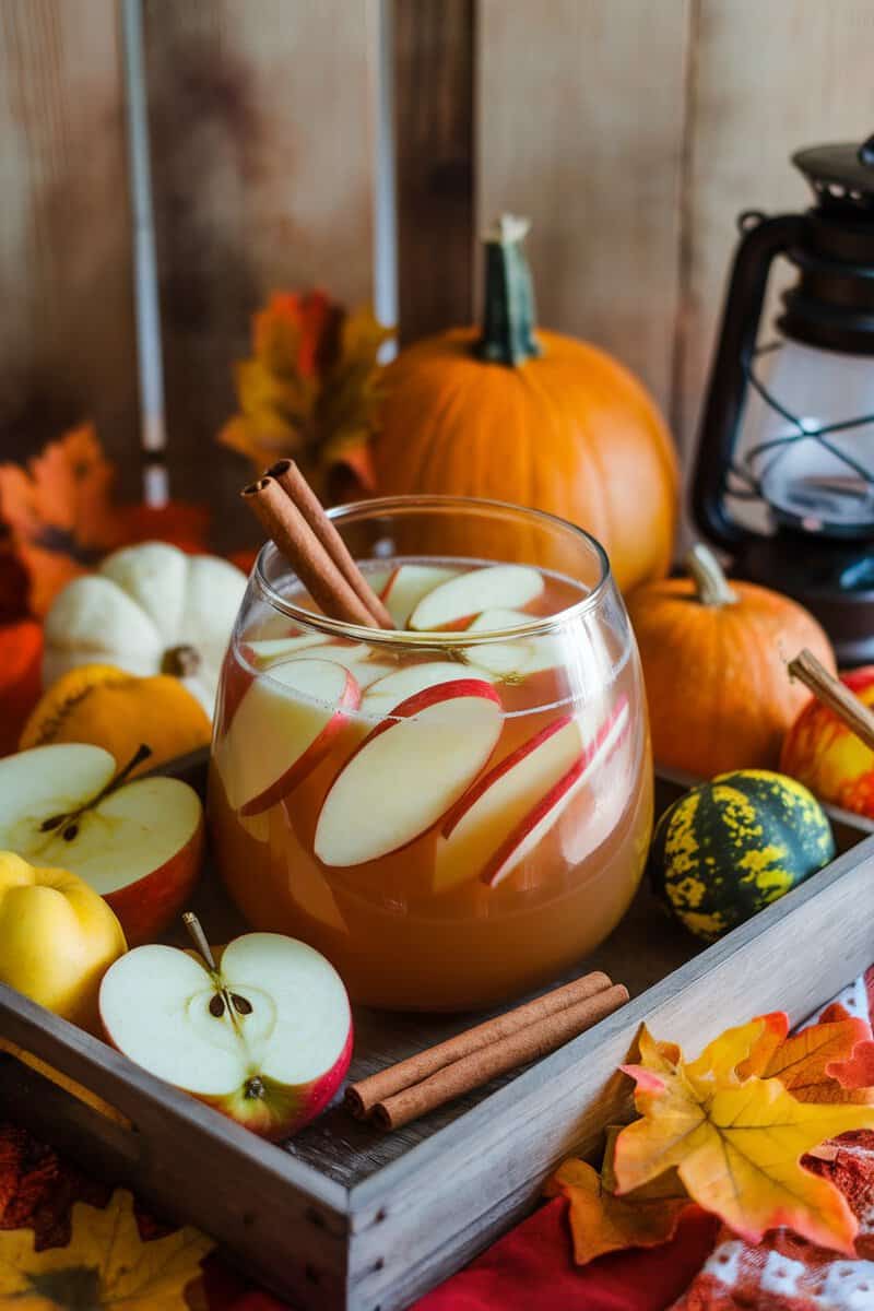 A refreshing bowl of Apple Cinnamon Punch with slices of apple and cinnamon sticks.