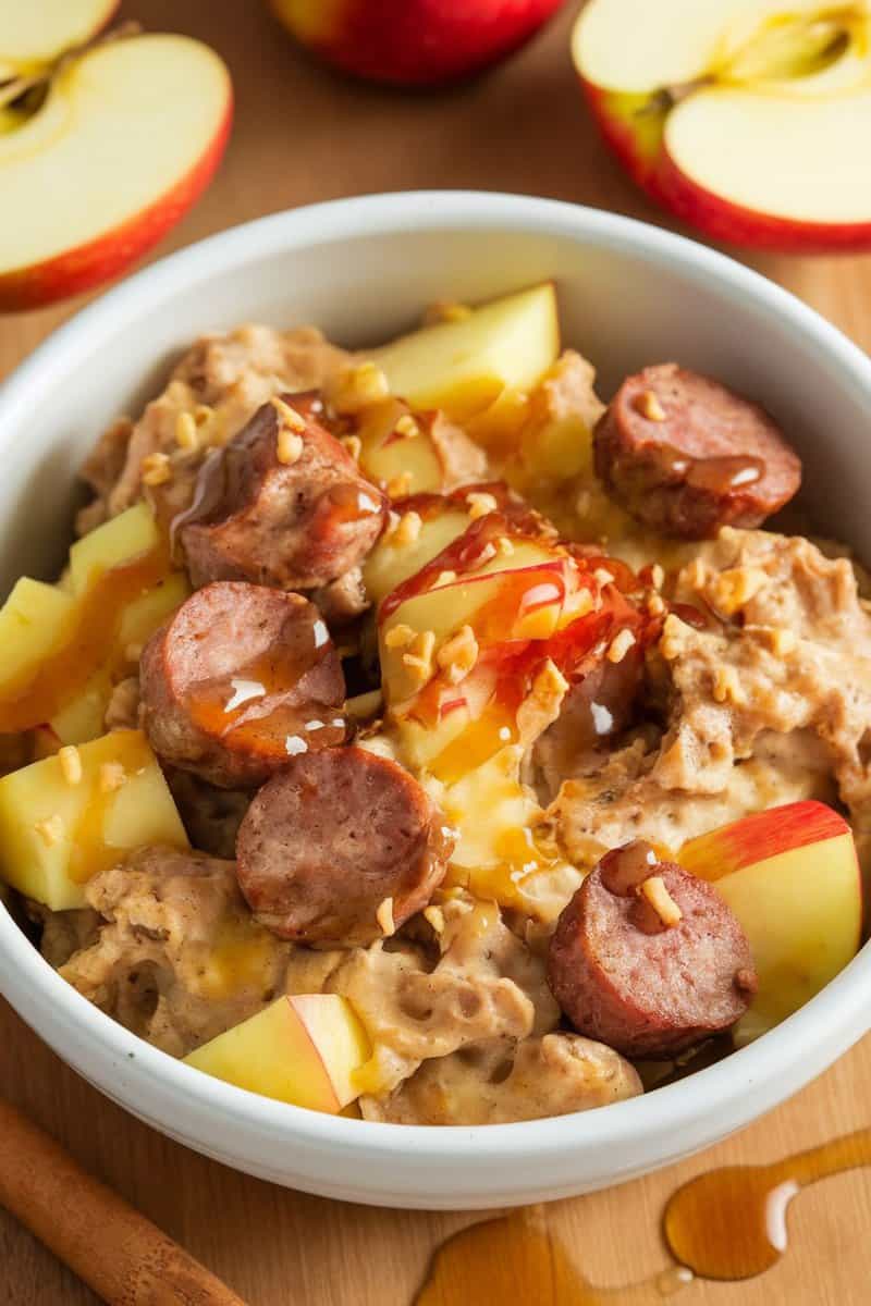 Bowl of apple cinnamon sausage breakfast bake topped with syrup and nuts