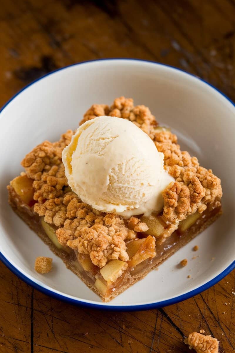 Delicious apple crumble bars with a scoop of vanilla ice cream on top.