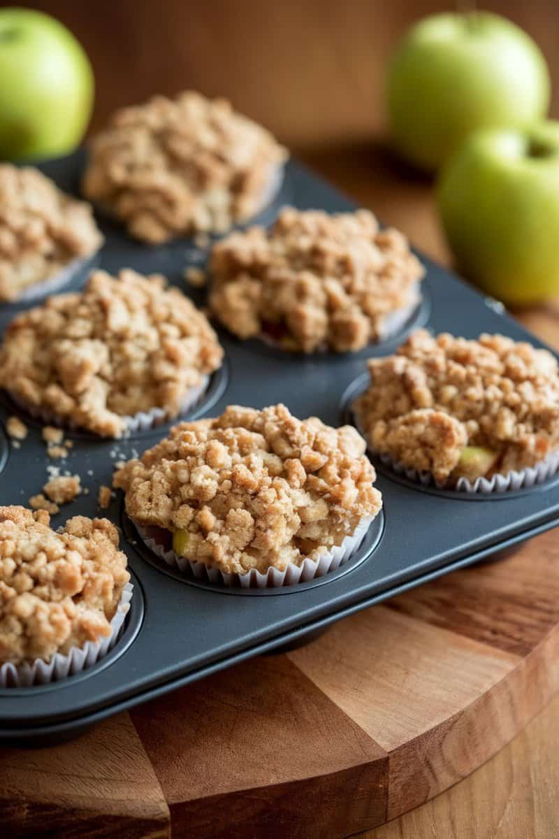 A tray of freshly baked apple crumble muffins topped with streusel, surrounded by green apples.