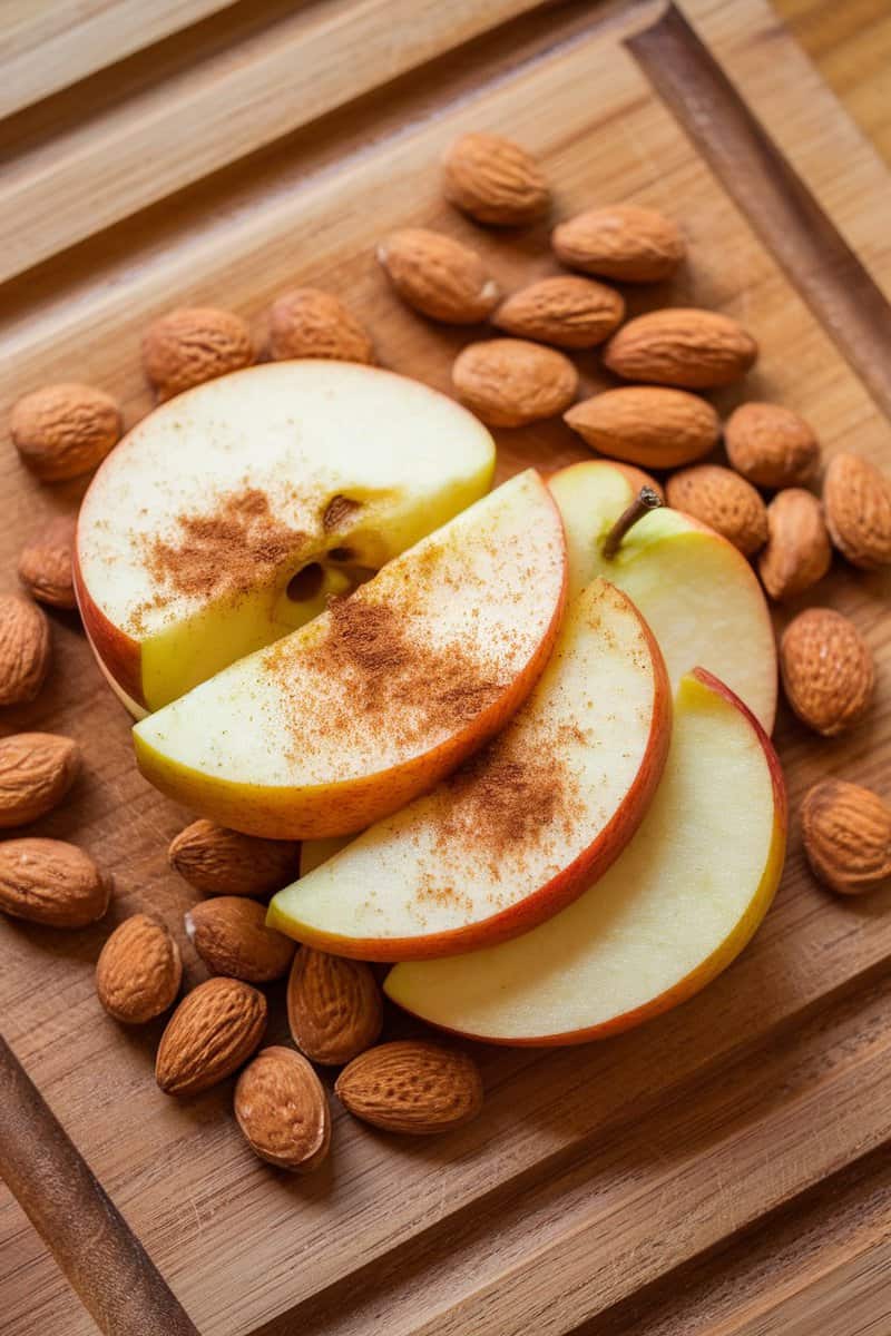 Healthy snack of apple slices sprinkled with cinnamon and topped with almonds.