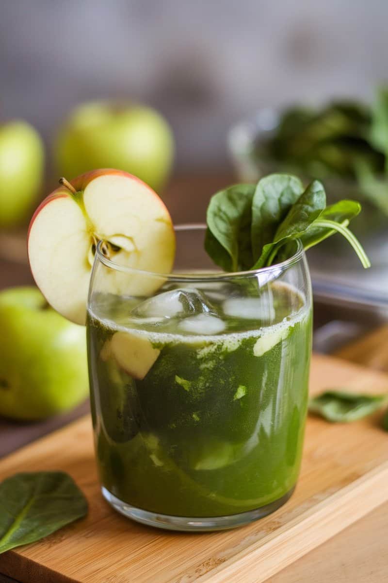 A refreshing green juice in a glass, garnished with apple slices and spinach leaves.