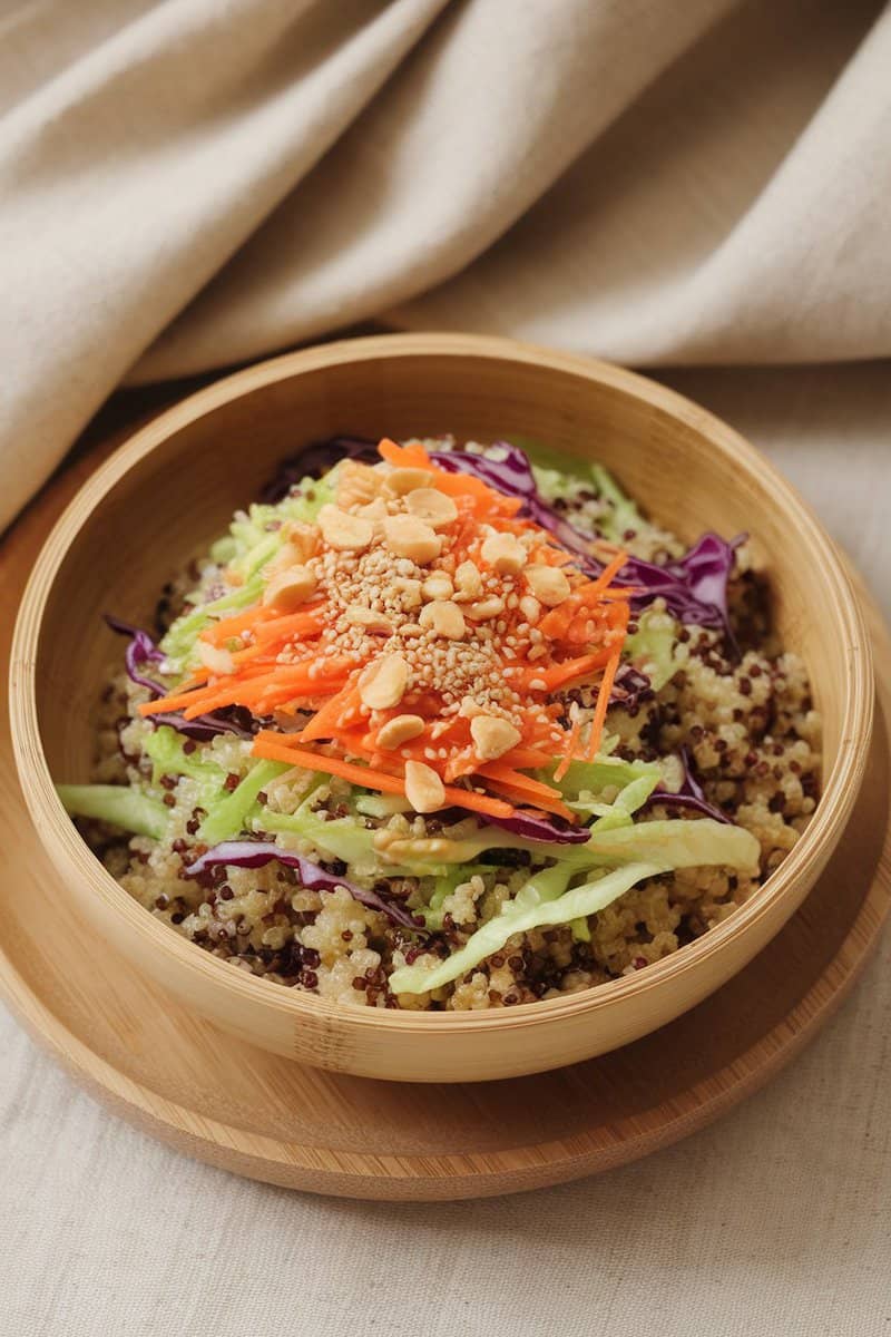 A vibrant bowl of Asian-inspired quinoa salad topped with colorful vegetables and nuts.