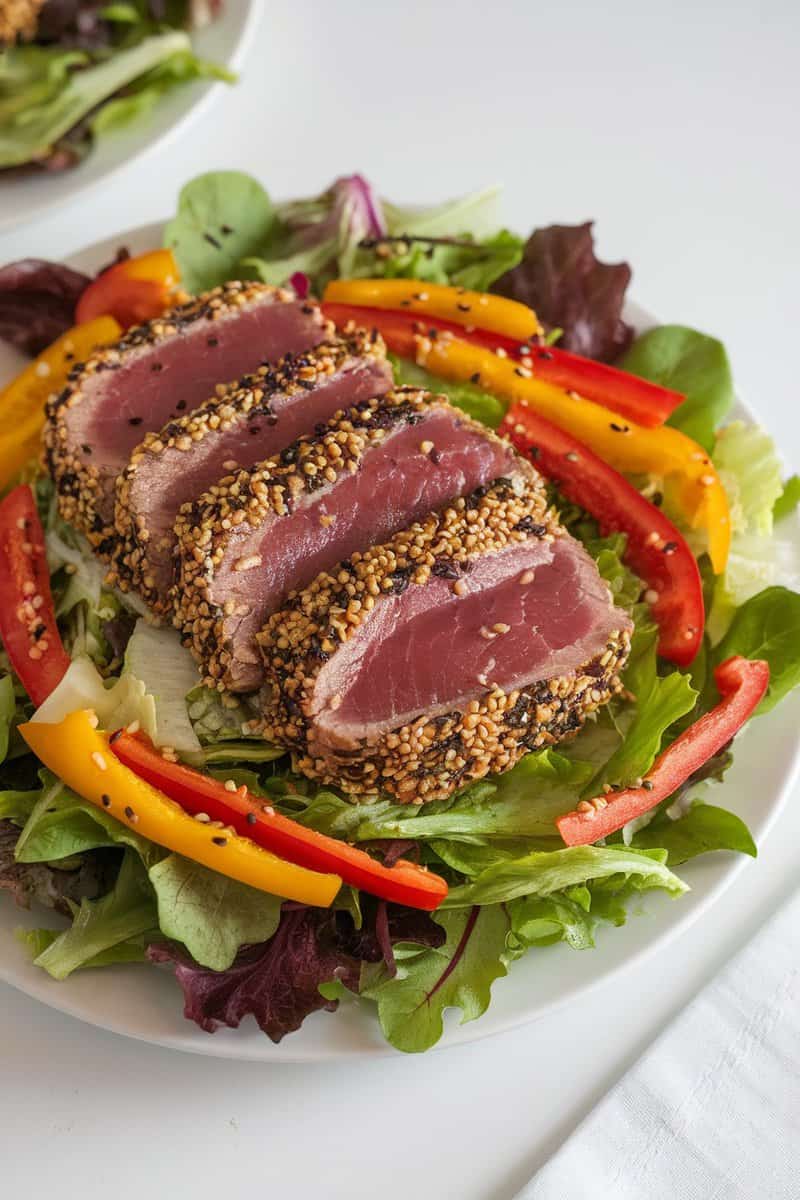 Asian-inspired tuna steak salad with sesame crusted tuna, fresh greens, and colorful vegetables.