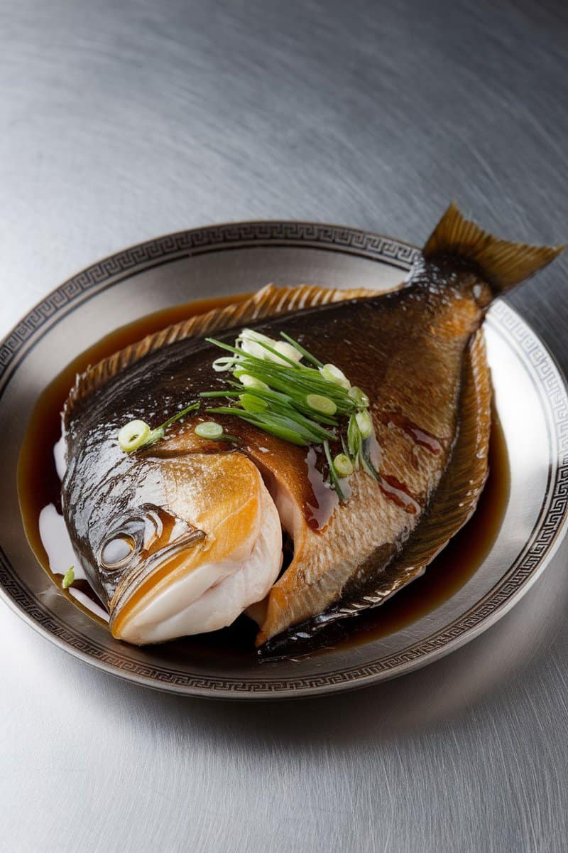 Asian-style flounder with soy glaze served in a decorative dish