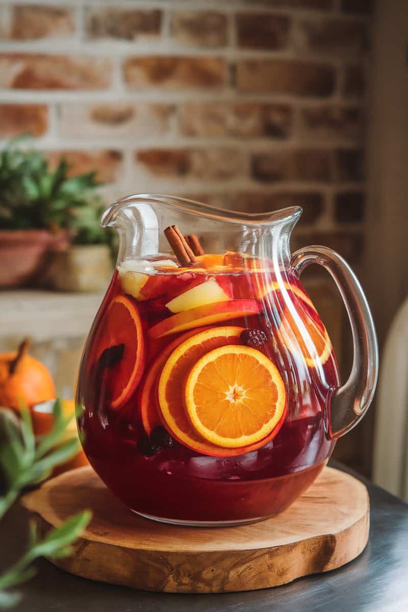 A pitcher of Autumn Sangria with slices of orange, apple, and cinnamon sticks.