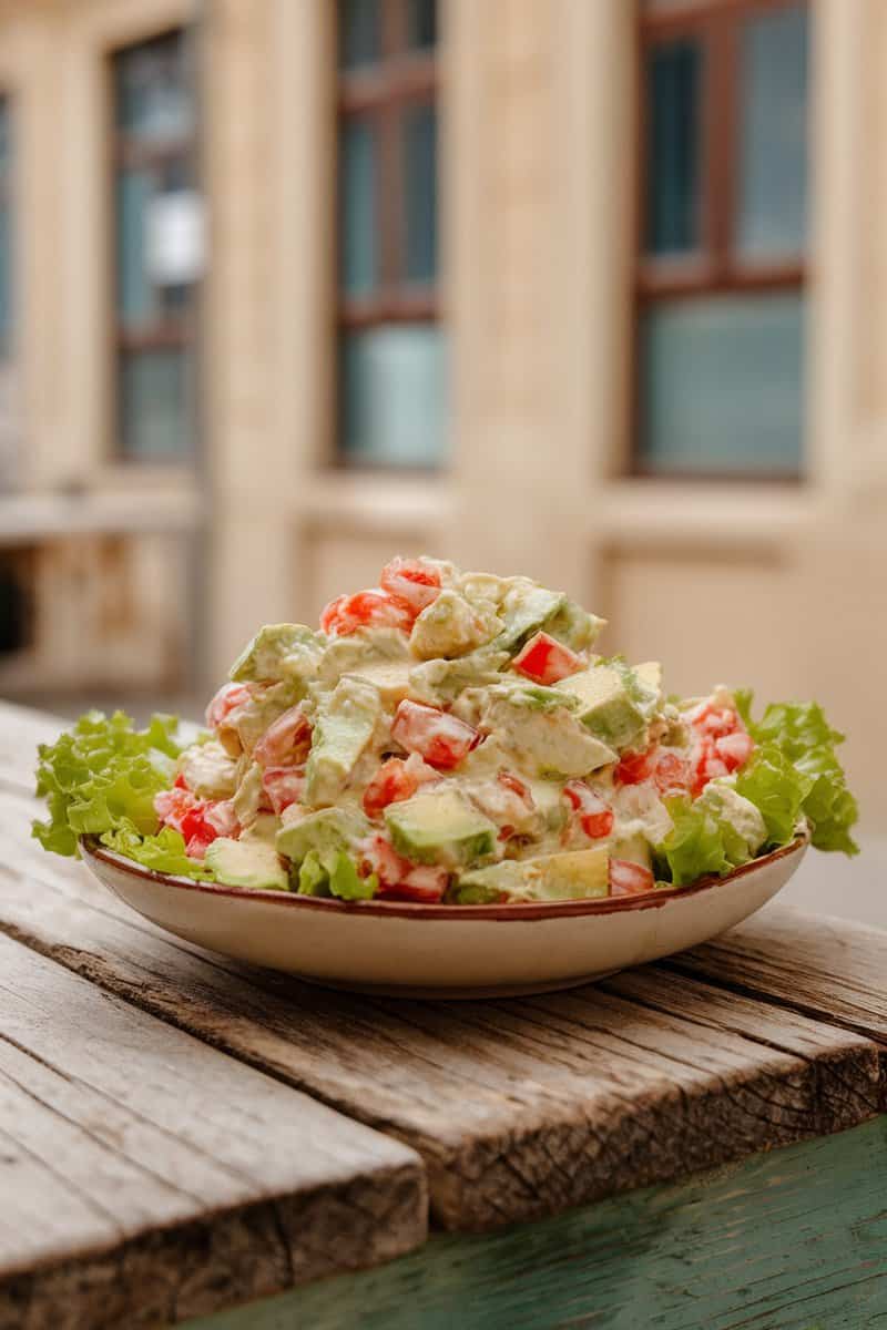 A bowl of avocado chicken salad on a wooden table, featuring diced avocado, shredded chicken, and chopped red bell peppers.