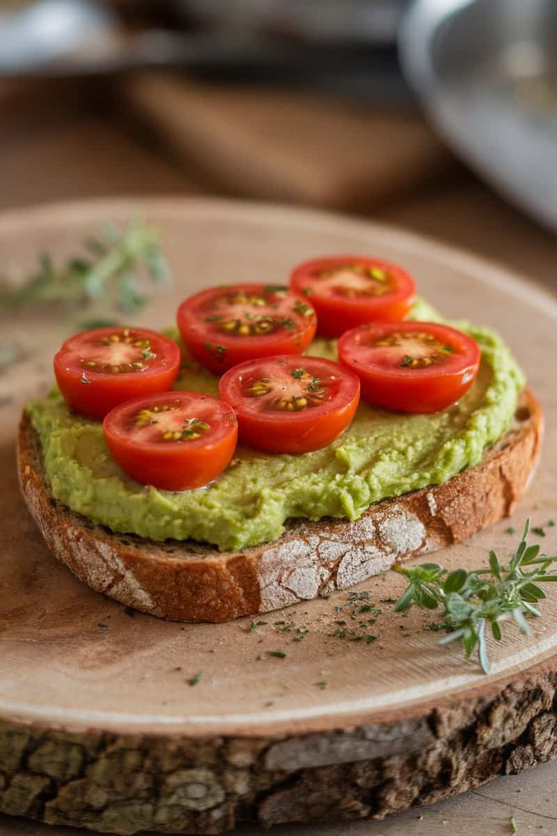 A slice of toast topped with avocado and cherry tomatoes, served on a wooden plate.