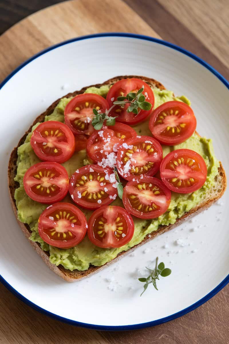 Delicious avocado toast topped with cherry tomatoes.