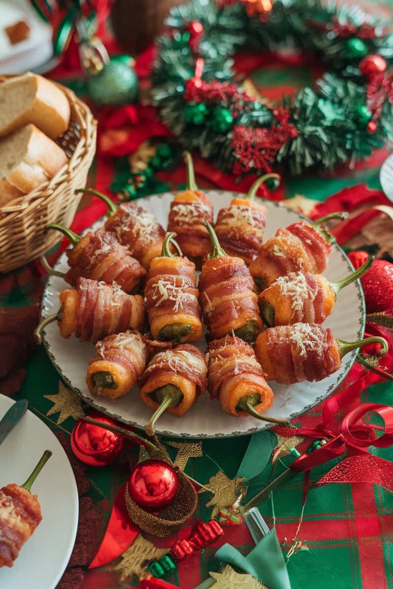 A platter of bacon-wrapped jalapeño poppers on a festive table setting.