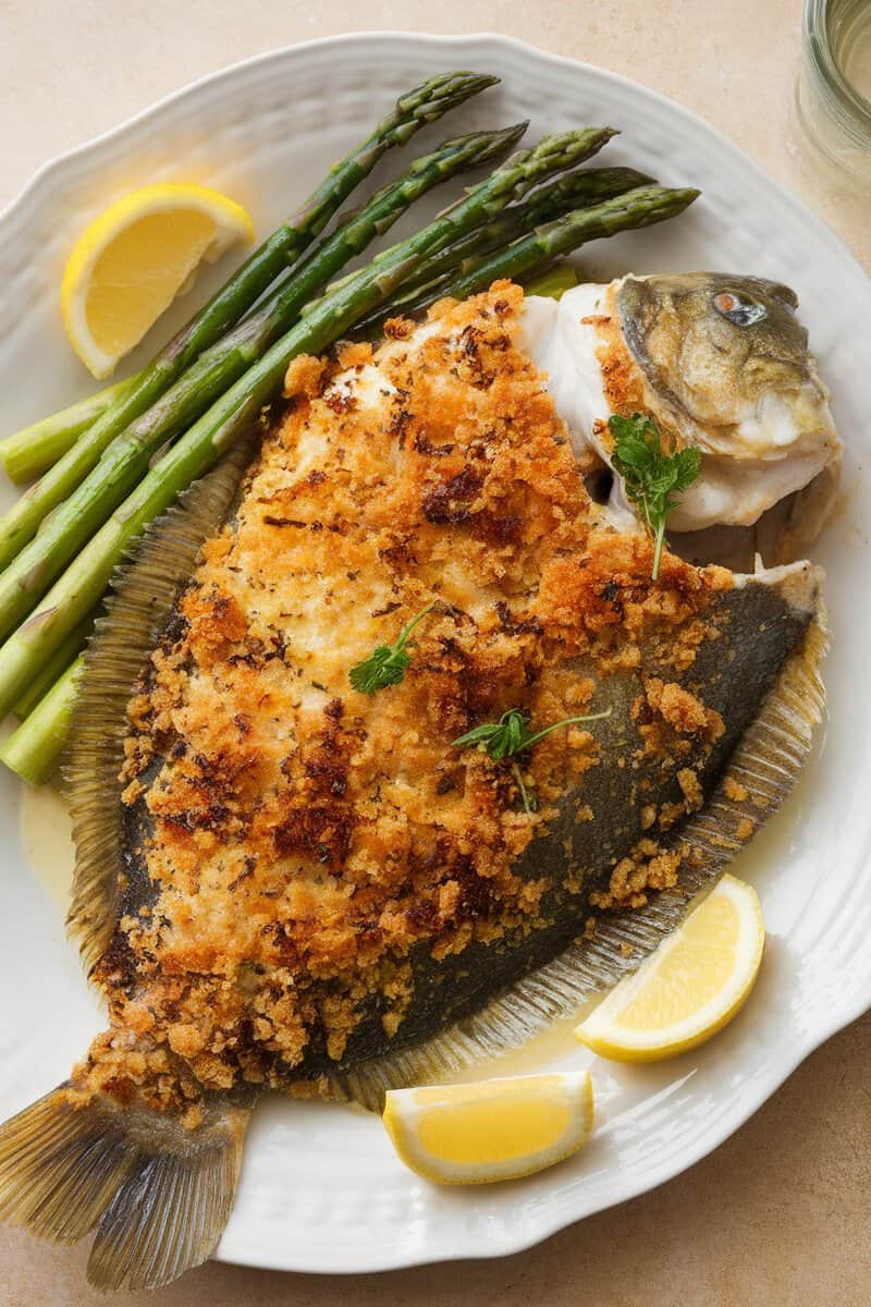 Baked flounder fillet with a crispy Parmesan crust, served with asparagus and lemon slices.