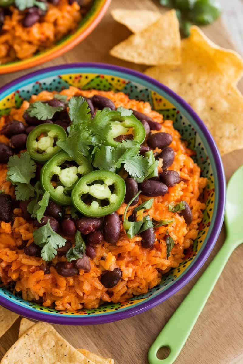 A vibrant bowl of baked Mexican rice with black beans, topped with jalapeños and cilantro, served with tortilla chips.