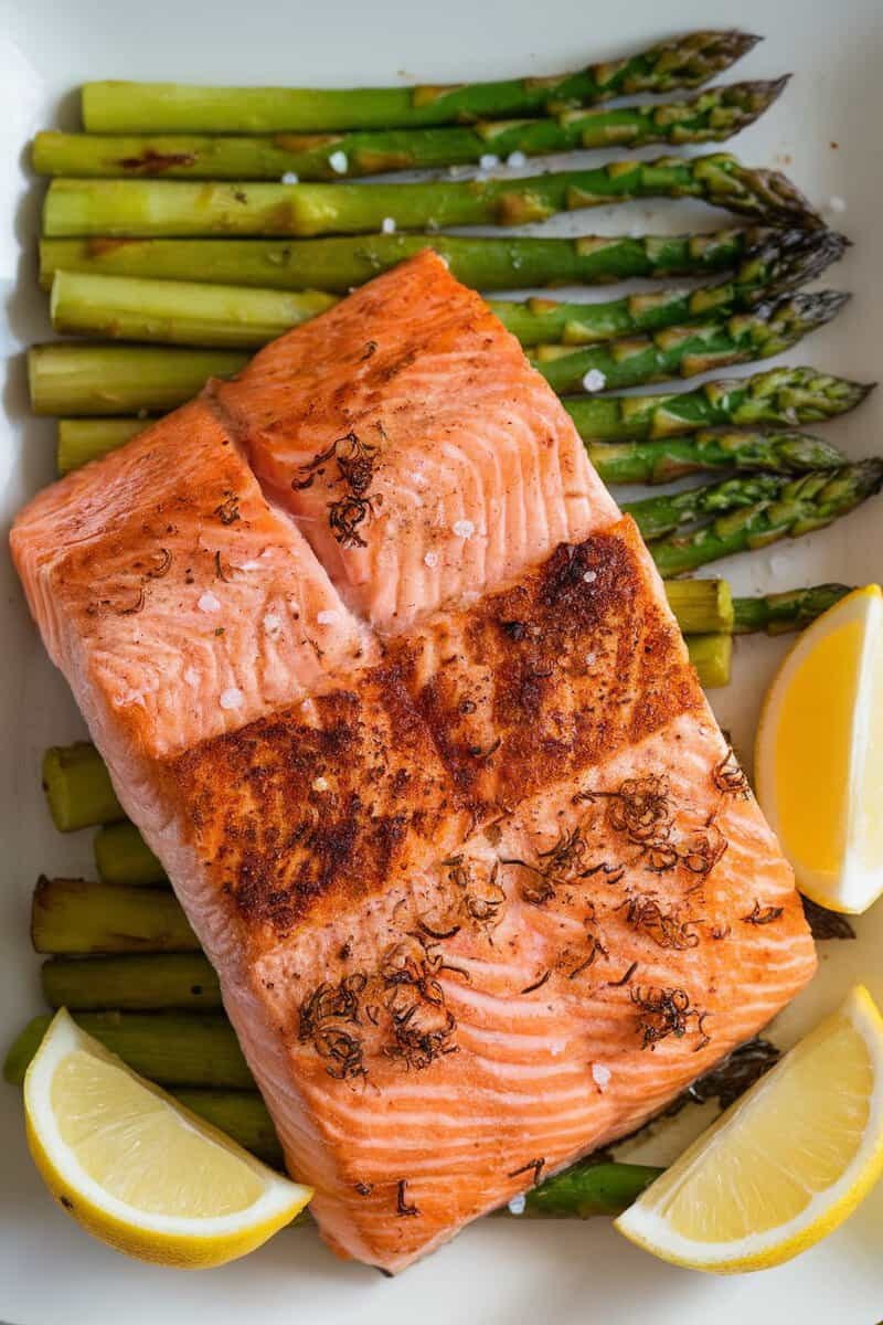 Baked salmon with asparagus and lemon slices