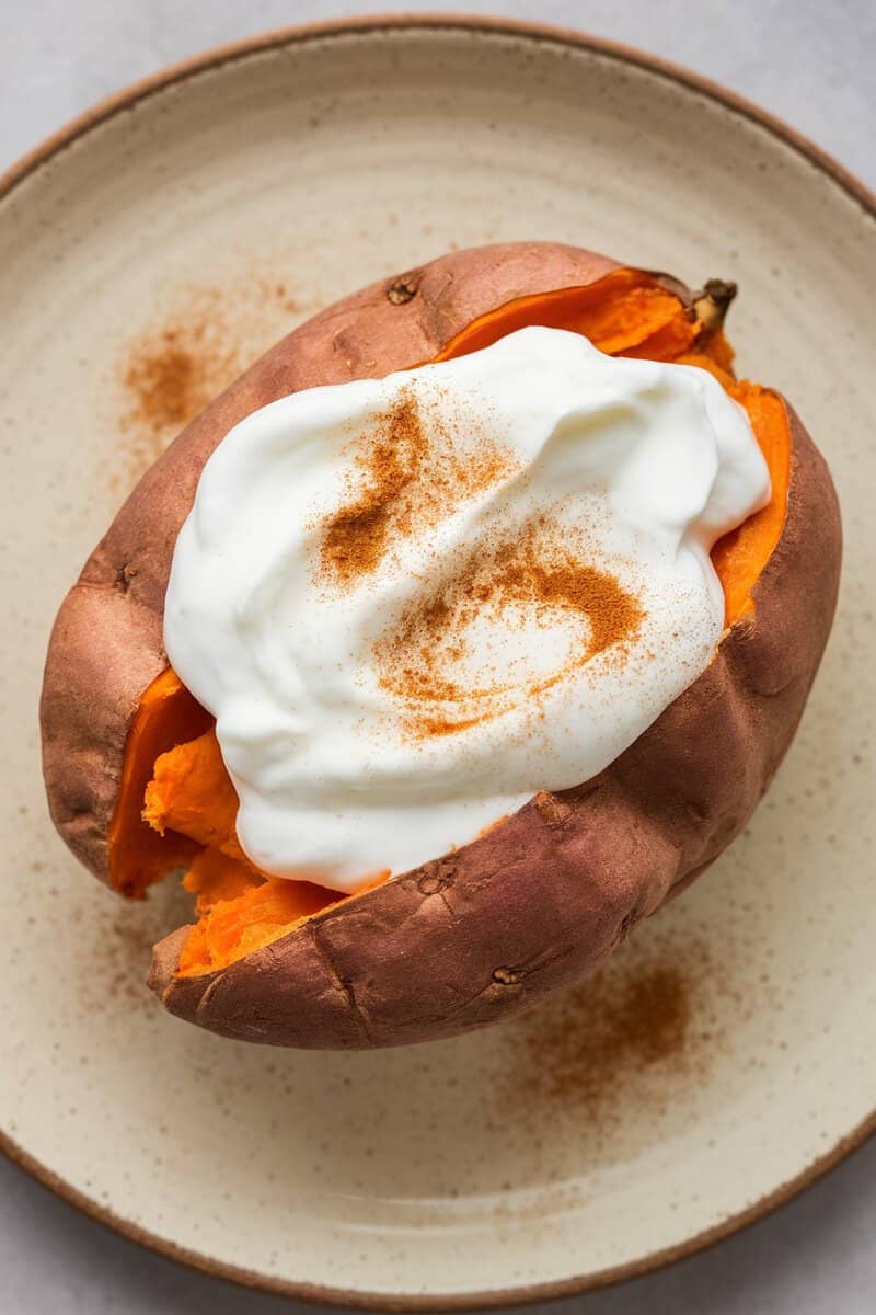 Baked sweet potato topped with Greek yogurt and cinnamon on a plate.