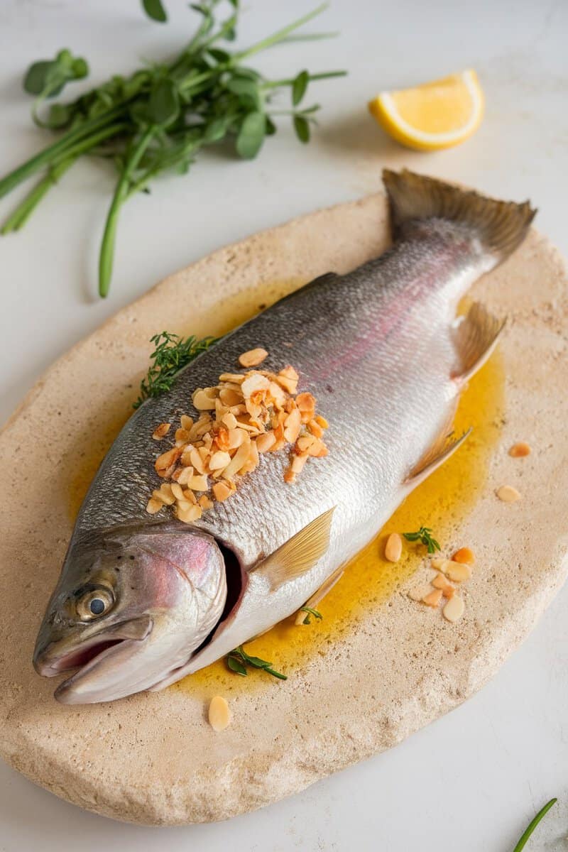 A beautifully baked trout topped with garlic and slivered almonds, served on a rustic plate.