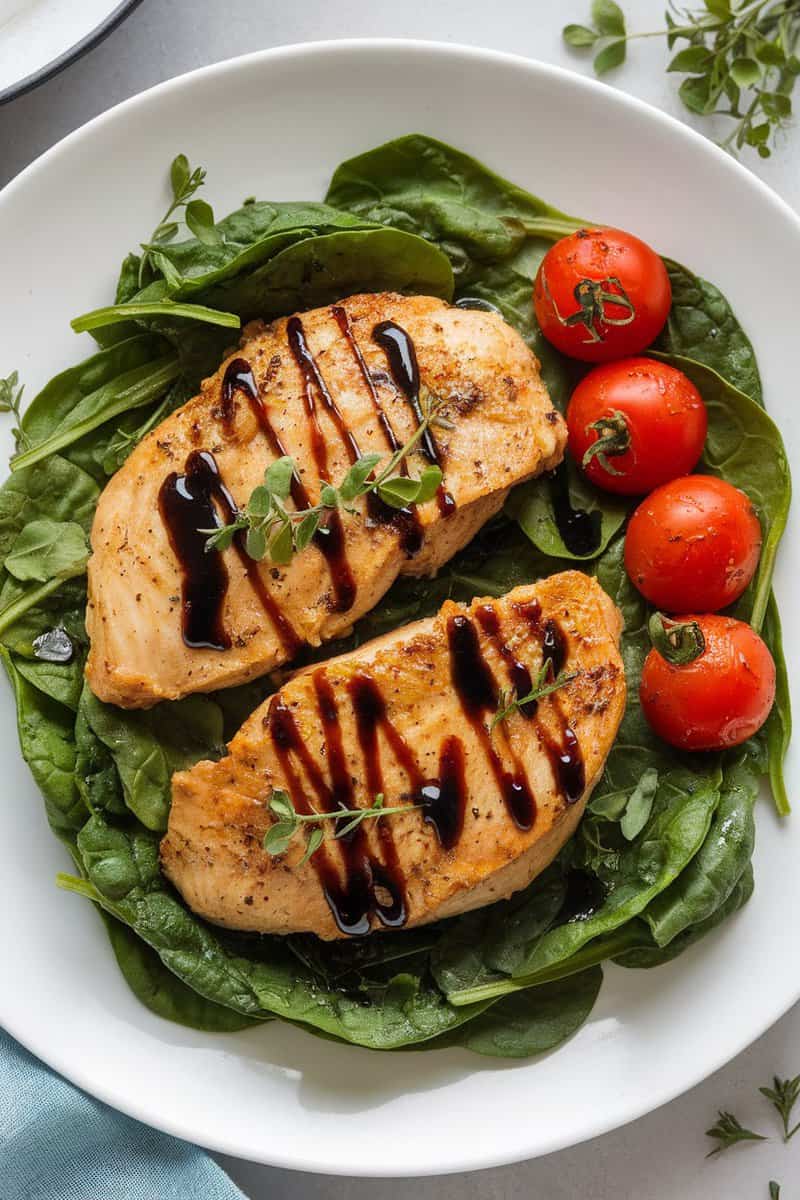 Balsamic chicken with spinach on a plate