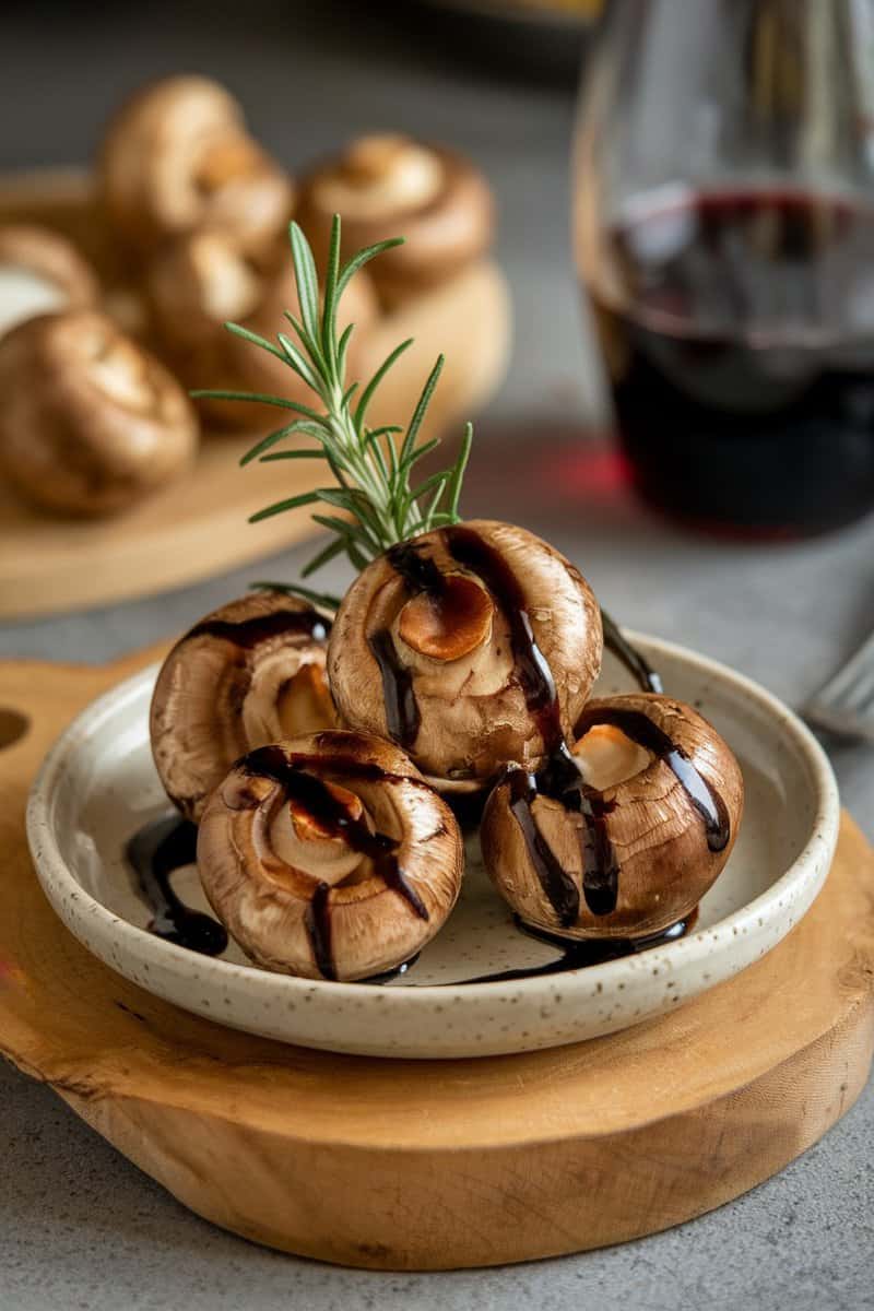 A plate of balsamic glazed mushrooms garnished with rosemary.