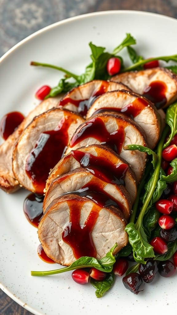 A dish of sliced pork medallions drizzled with balsamic glaze, garnished with greens and berries.