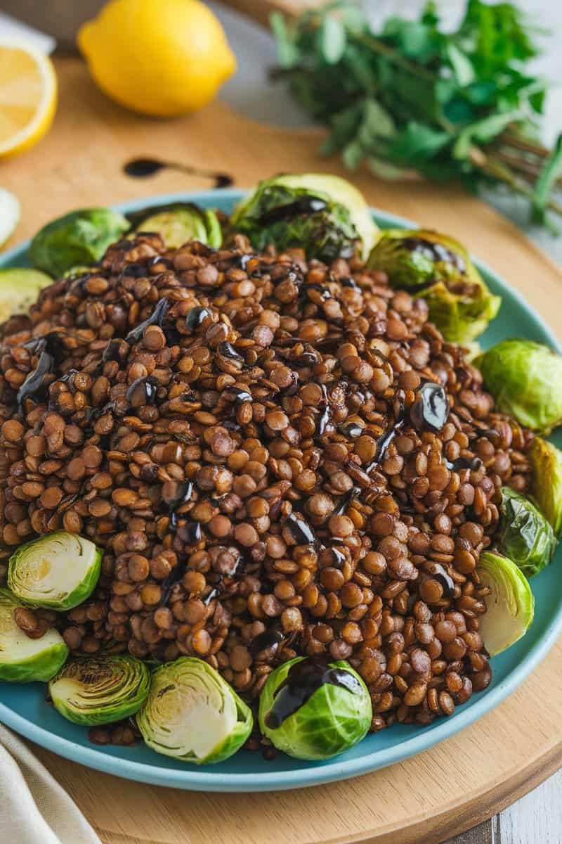 A plate of balsamic roasted lentils and Brussels sprouts, garnished with parsley and lemon.