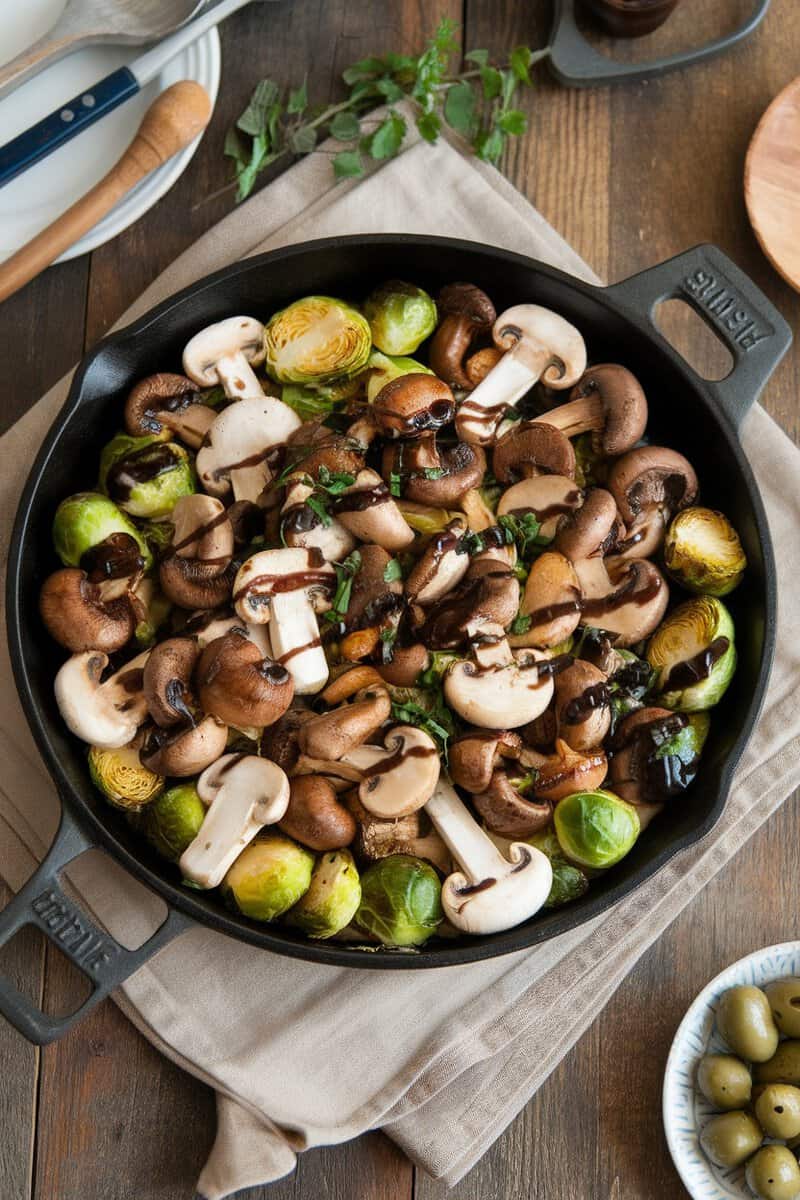 A colorful platter of balsamic roasted mushrooms and Brussels sprouts on a rustic wooden table.