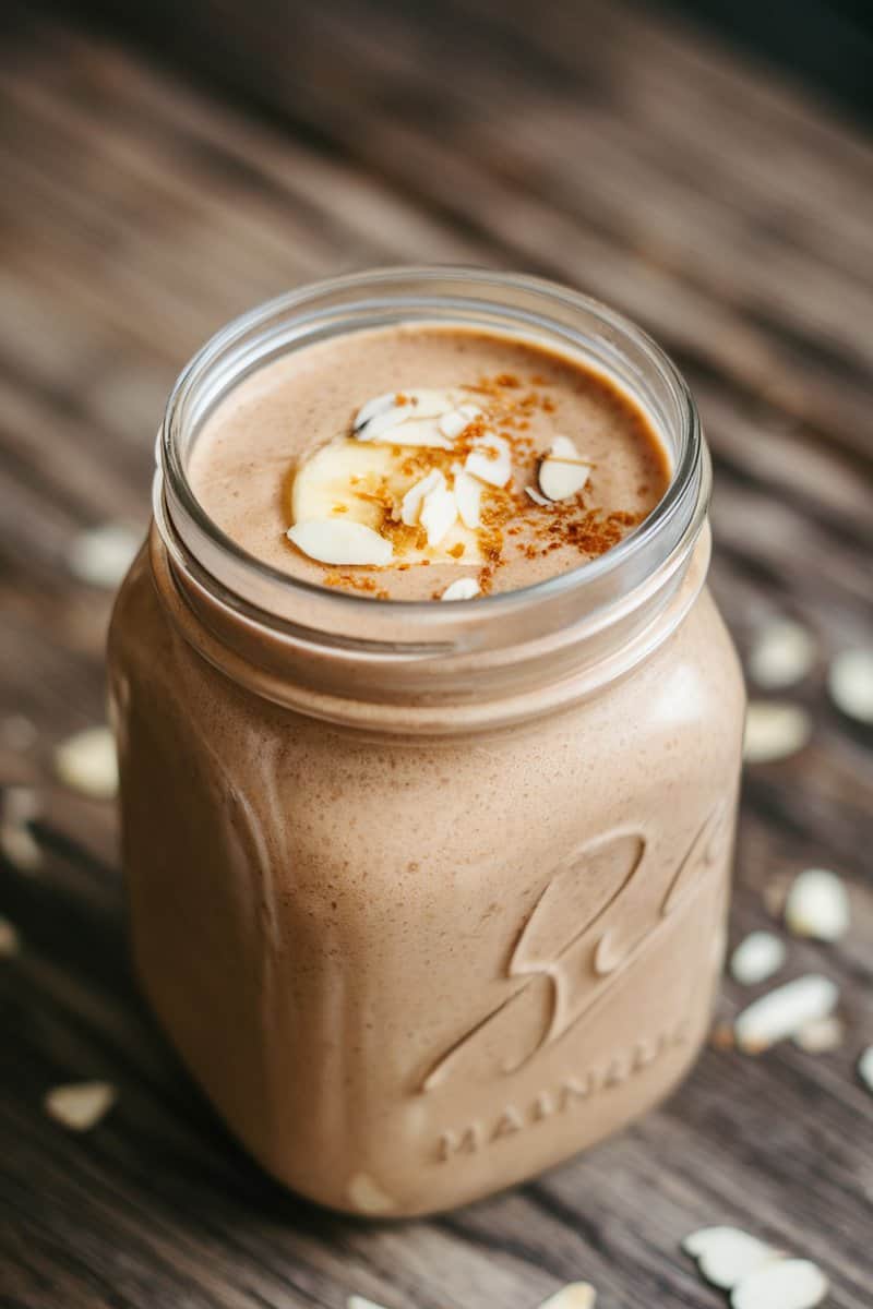 A smoothie made with banana and almond butter, topped with almond slices and a sprinkle of cinnamon.