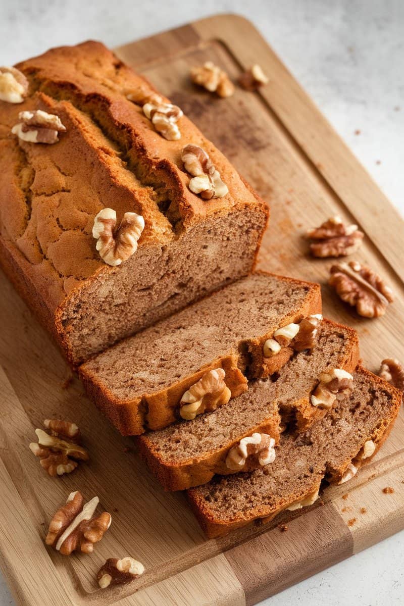 Sliced banana bread with nuts on a wooden board