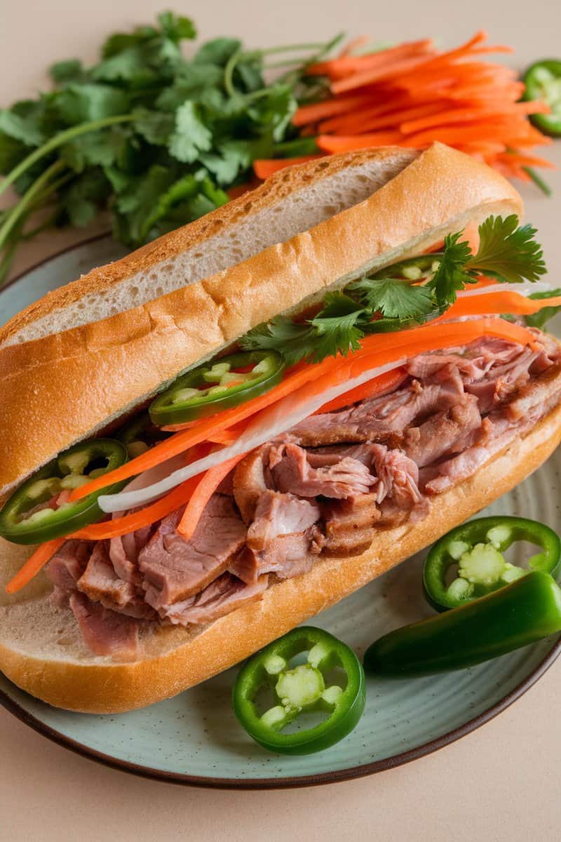 A close-up of a Banh Mi sandwich filled with marinated pork and colorful pickled vegetables, alongside lime and cilantro.