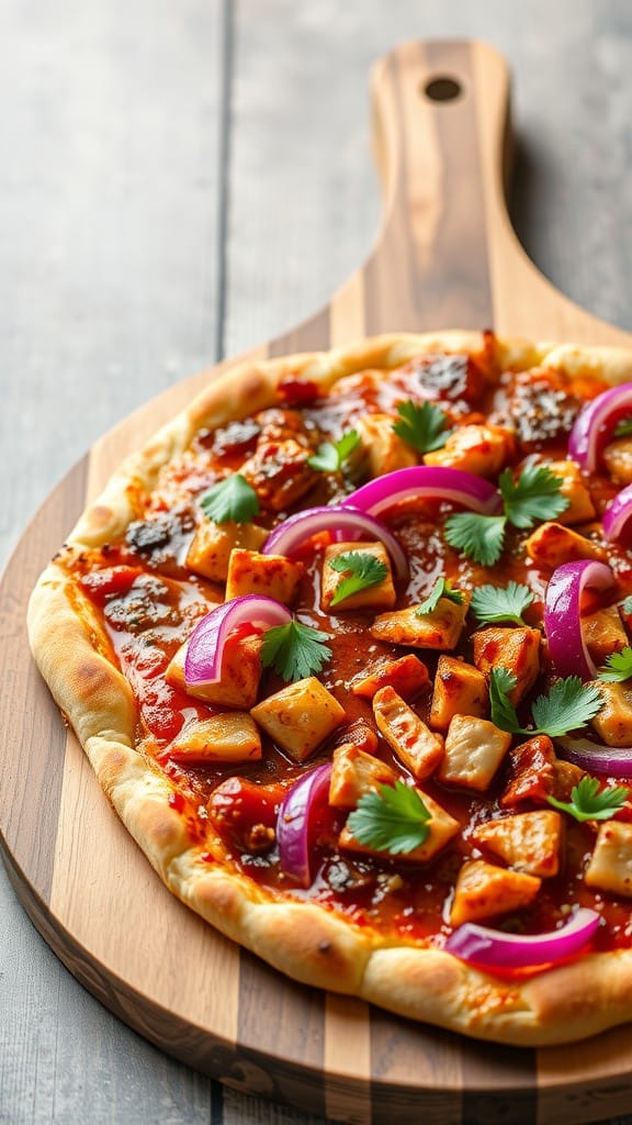 BBQ Chicken Pizza with toppings on a wooden pizza peel