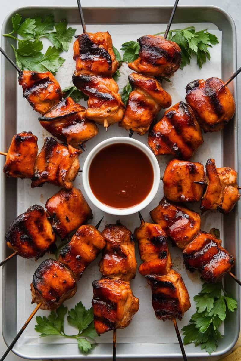 Grilled BBQ chicken thigh skewers on a tray with parsley and a bowl of BBQ sauce