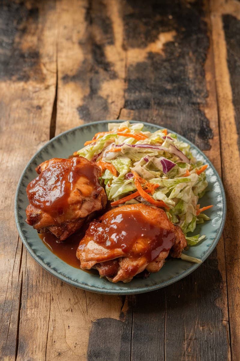 A plate of BBQ chicken thighs with coleslaw on the side.