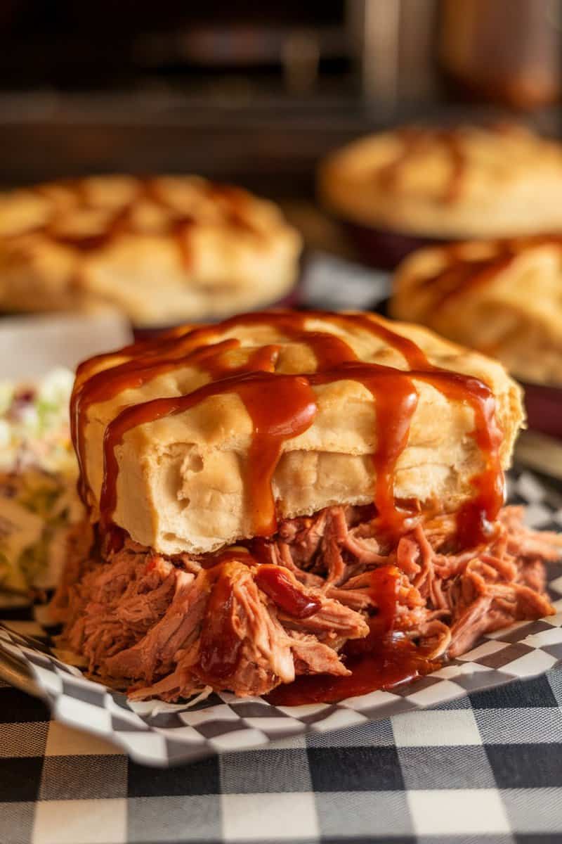 A delicious BBQ Pulled Pork Pudgy Pie with a drizzle of barbecue sauce on top.