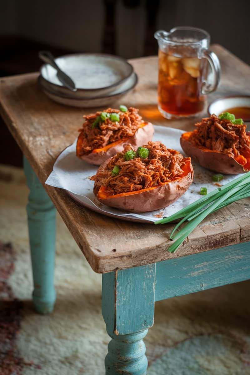 BBQ Pulled Pork Sweet Potato Boats on a wooden table