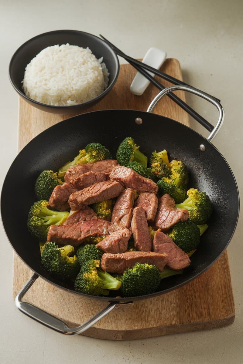 A delicious beef and broccoli stir-fry served with rice, showcasing colorful ingredients