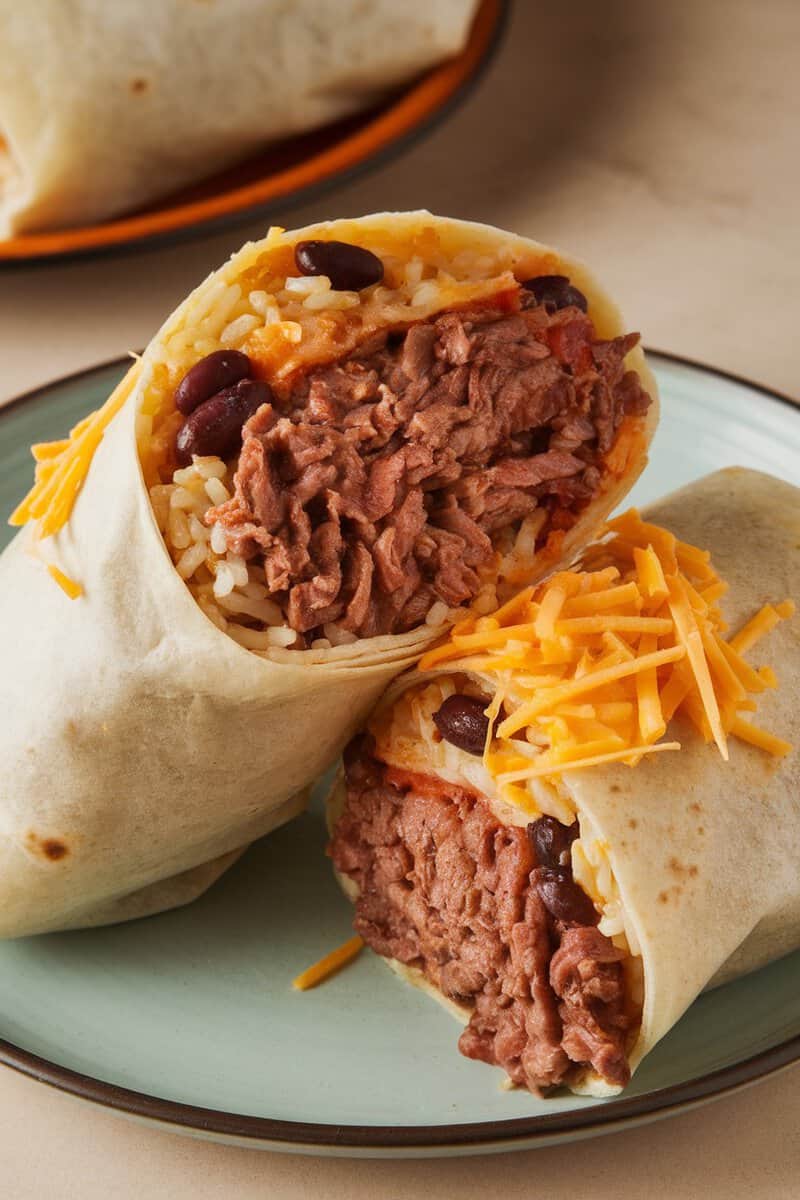 Beef burritos with Spanish rice, lime, and cilantro on a plate.