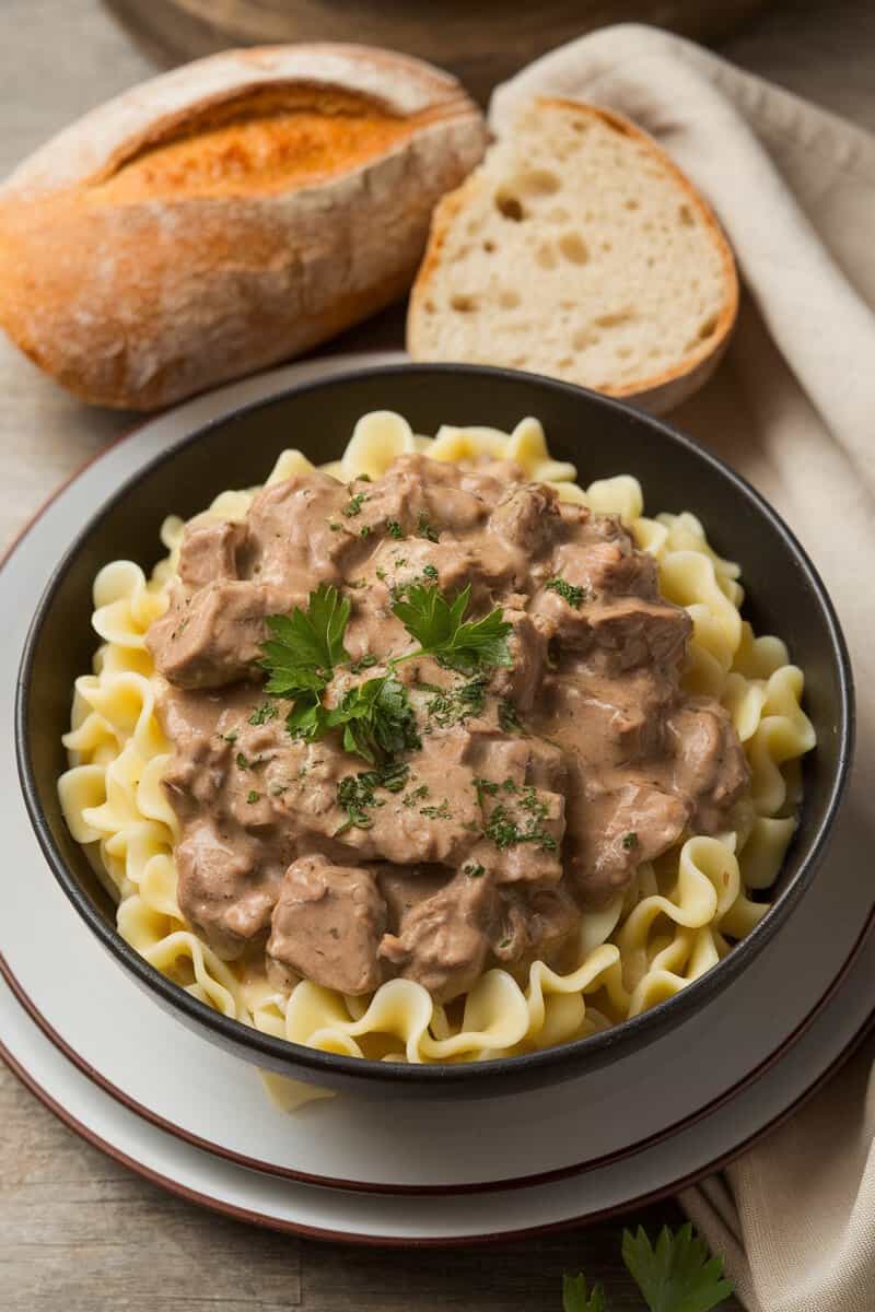 Plate of Beef Stroganoff served over egg noodles with creamy sauce and parsley garnish.