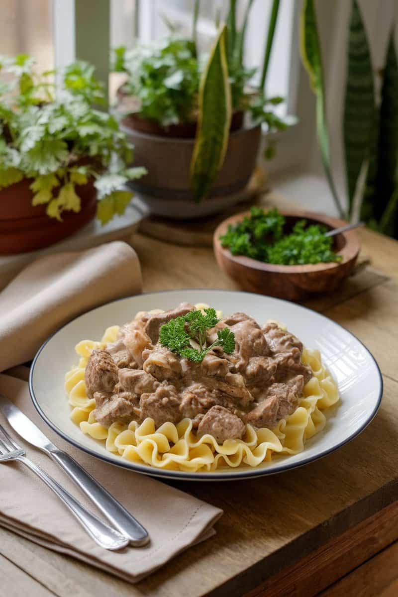 A plate of beef stroganoff served over egg noodles, garnished with parsley.