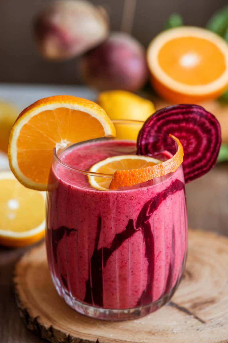 A vibrant beet and citrus smoothie garnished with orange slices, showcasing a bright pink color.