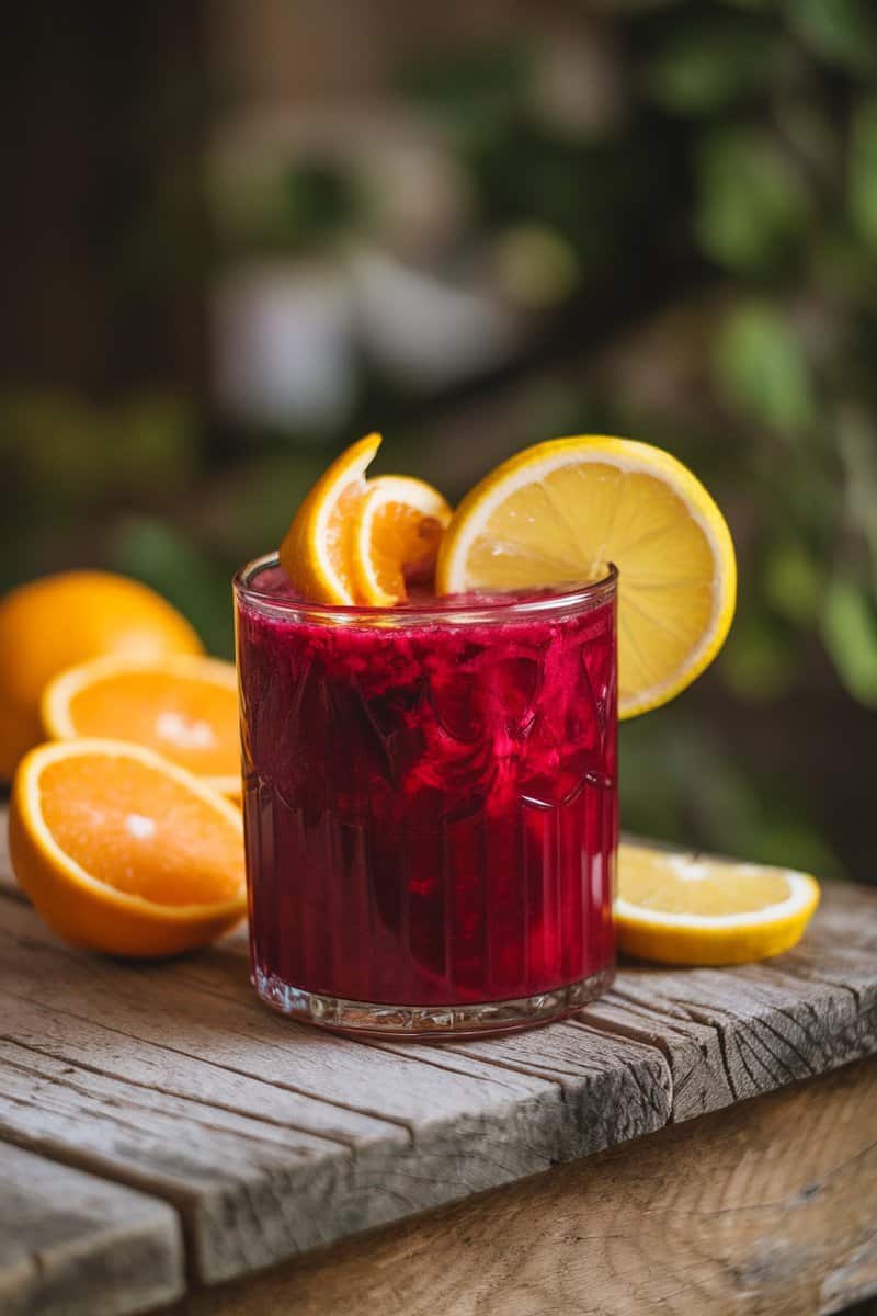 A glass of Beetroot and Citrus Elixir with slices of lemon and orange around it.